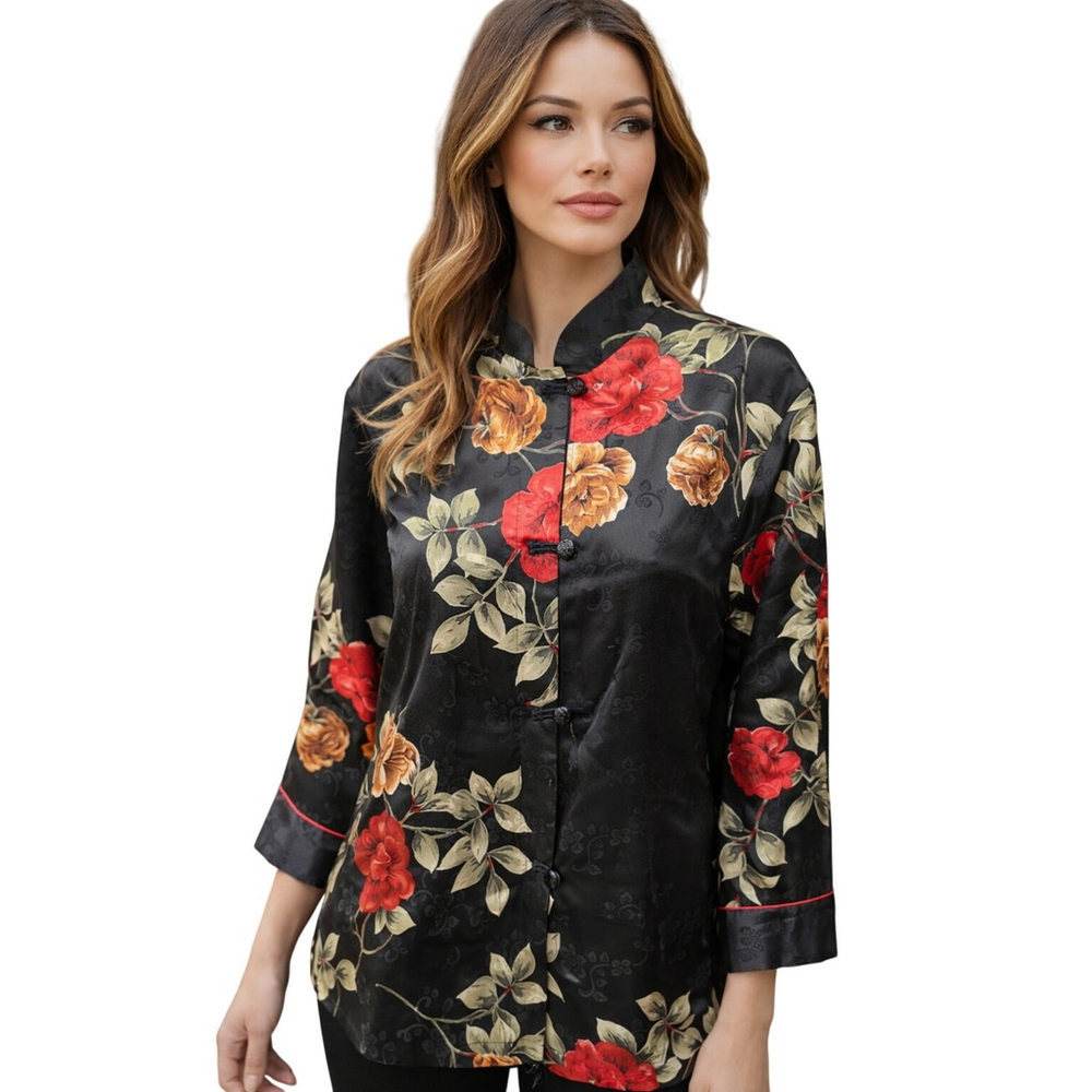 Jones New York Embossed Floral Rose Long Sleeve Button Up XS Satin